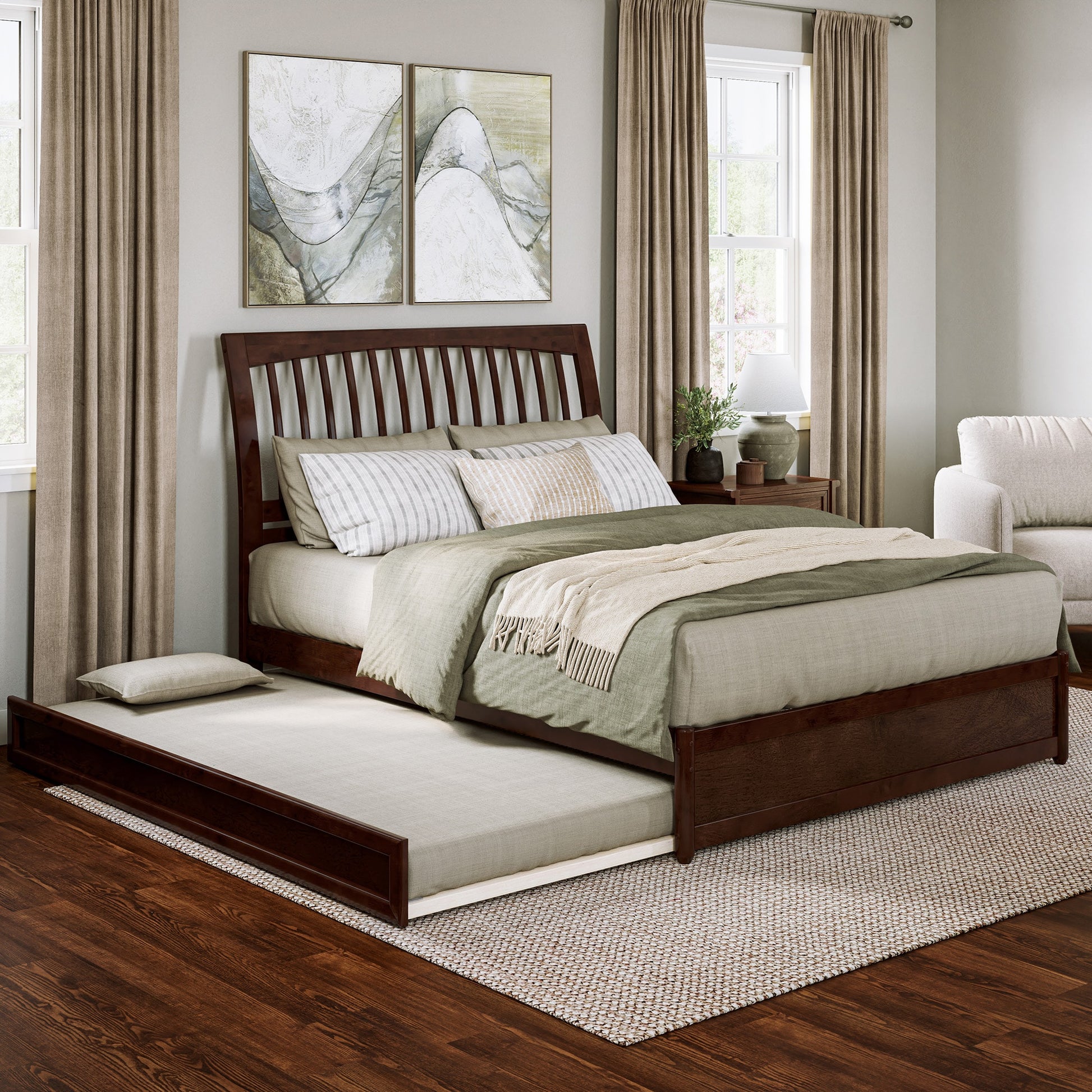 AFI Queen Walnut Wood Trundle Bed with Headboard