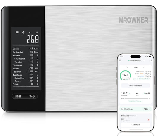Smart Food Kitchen Scale with Nutritional Calculator, Free App with 19 Nutrients Tracking, Calorie, Marco, Digital Weight Grams and Ounces for Weight Loss, Premium Stainless Steel, 22lb