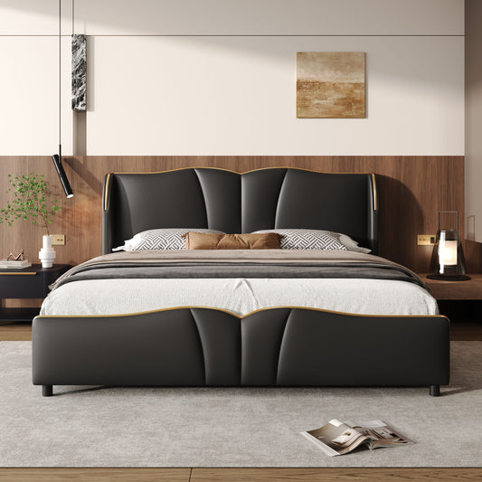 Christopher Knight Home Emerson Modern PU Leather Bed with Wingback Headboard Sculpted Wavy Footboard and Reinforced Slats - Queen - Black