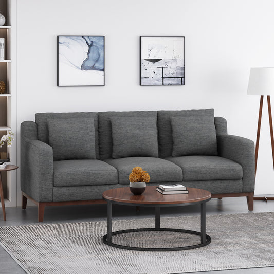 Christopher Knight Home Elliston Fabric Contemporary 3 Seater Sofa with Accent Pillows Charcoal Dark Walnut