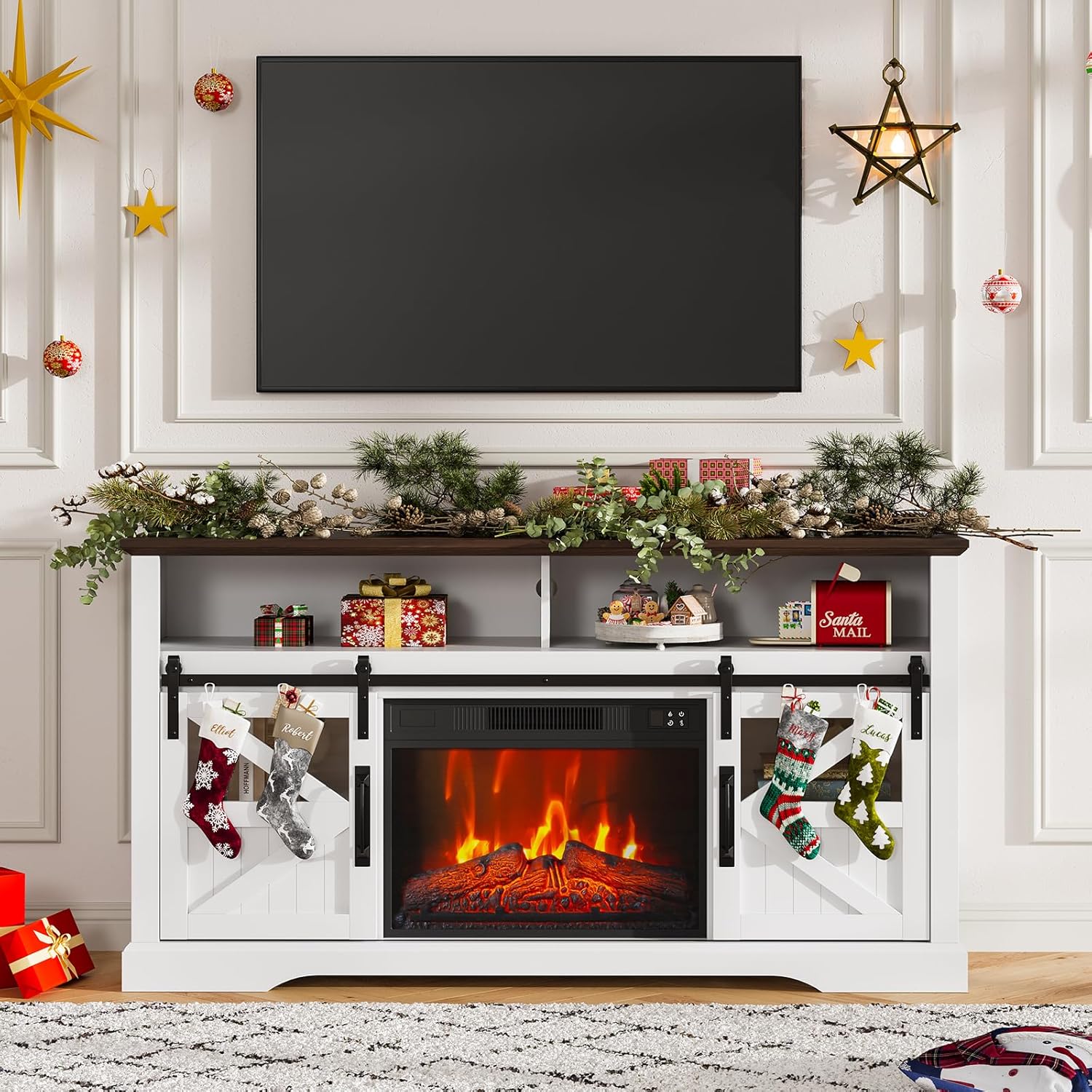 Qeetex Electric Fireplace TV Stand for 65 Inch TV Farmhouse Entertainment Center with Storage Cabinets Modern Media Console Table with Sliding Barn Doors for Living Room - White