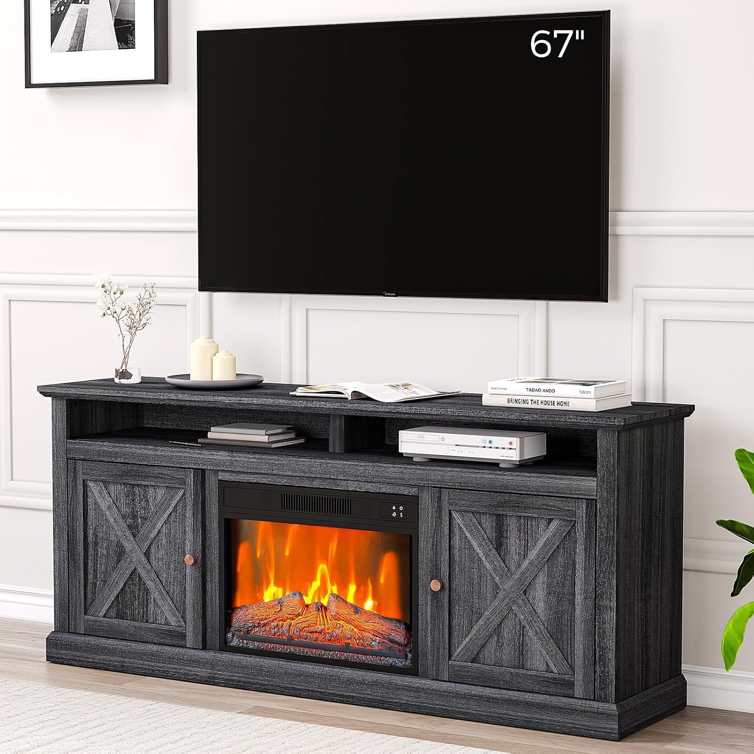 Qeetex Fireplace Tv Stand for 67 Inch Tv 23inch Electric Fireplace Heater and Media Entertainment Center Console Table with Remote Control Timer Adjustable Led Flames Freestanding Tv Stand for Living Room