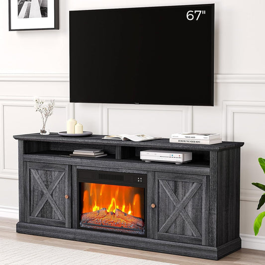 Qeetex Fireplace Tv Stand for 67 Inch Tv 23inch Electric Fireplace Heater and Media Entertainment Center Console Table with Remote Control Timer Adjustable Led Flames Freestanding Tv Stand for Living Room