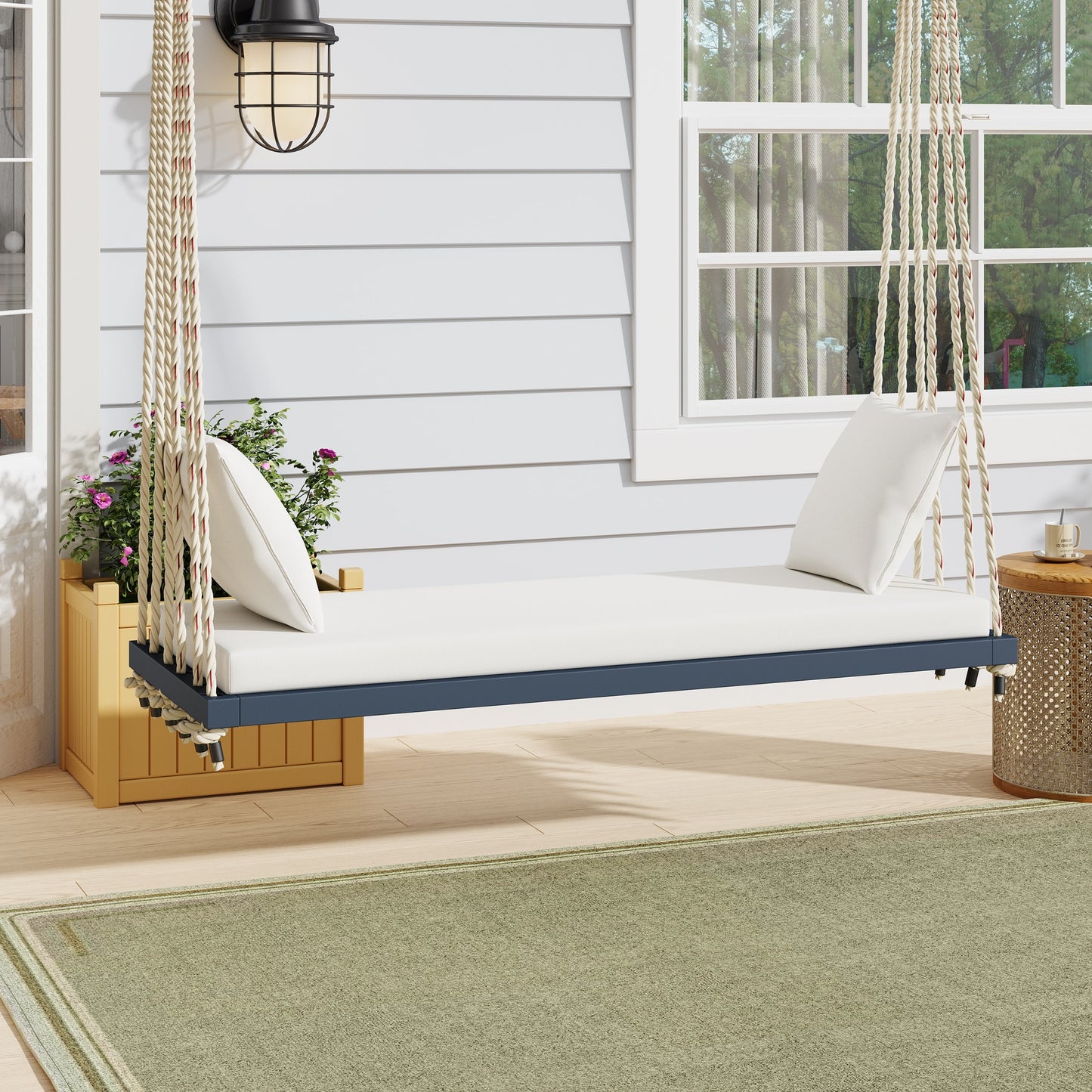 ModernLuxe Patio Wooden Swing Chair, Hanging Porch Swing Bench 2 -person Gray Wood Outdoor Swing