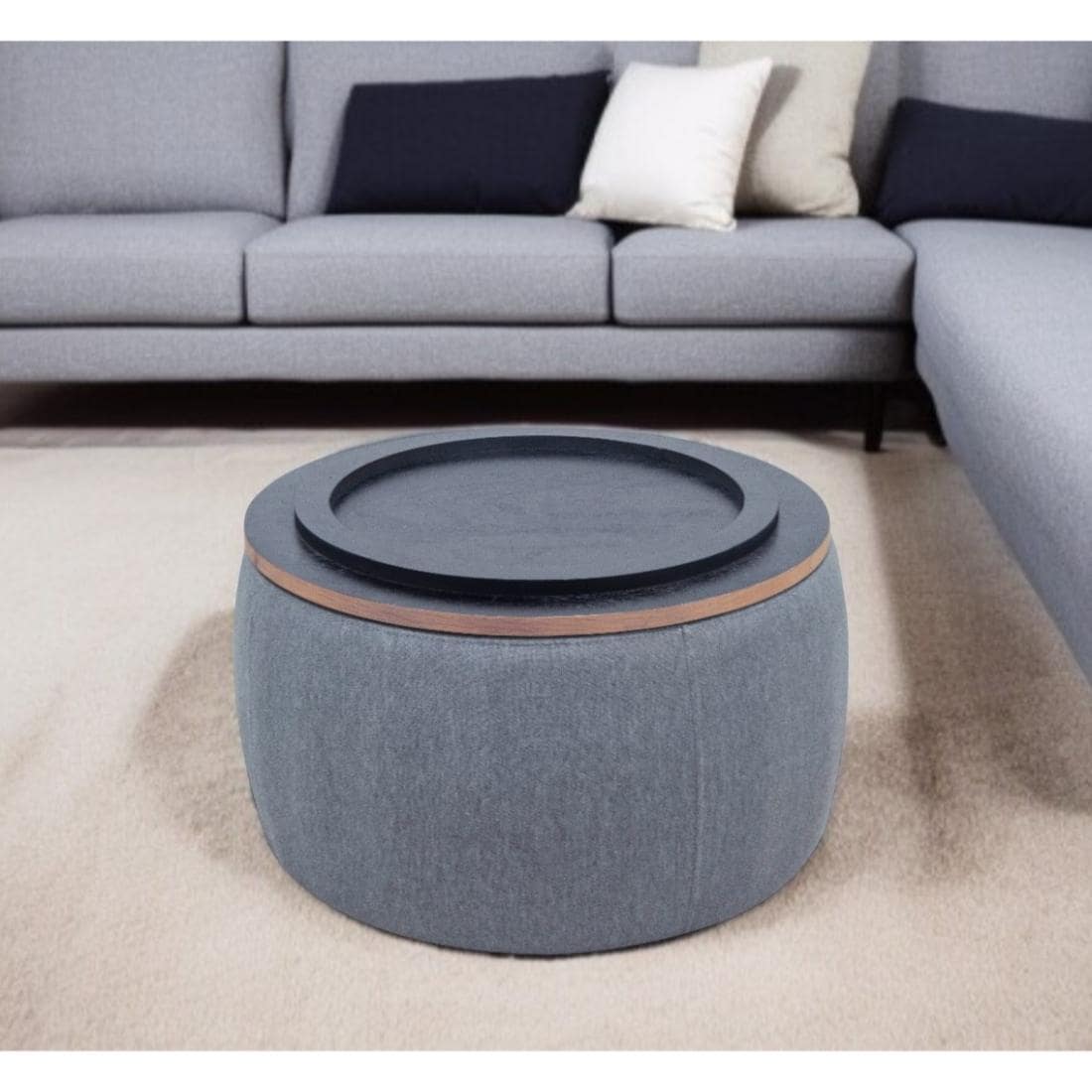 HomeRoots Modern Dark Gray Round Storage Ottoman