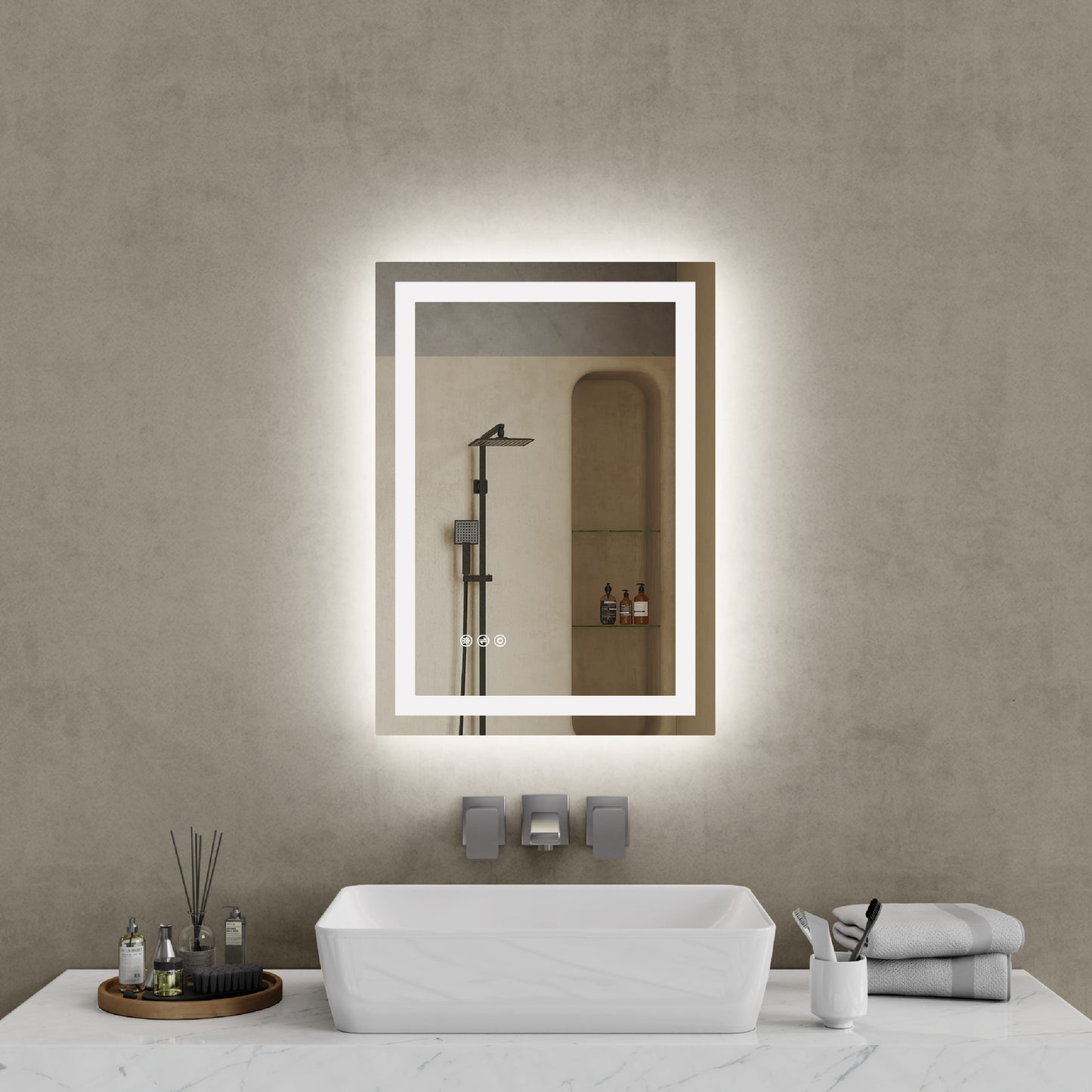 AAZJ Bathroom Mirrors 20-in x 28-in Beveled Frameless Rectangle Dimmable LED Lighted Fog Free Bathroom Vanity Mirror ( Transparent )