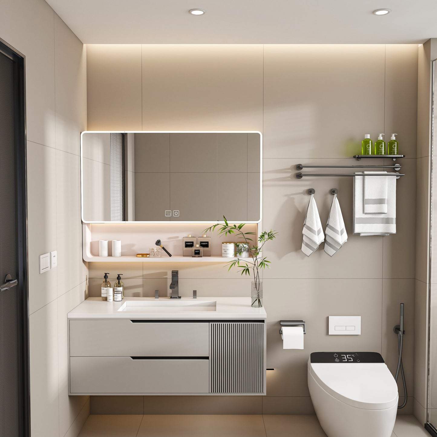 AAZJ Medicine Cabinet with LED Light 28-in x 35-in Lighted LED Fog Free Surface Mount khaki Mirrored Rectangle Soft Close Medicine Cabinet