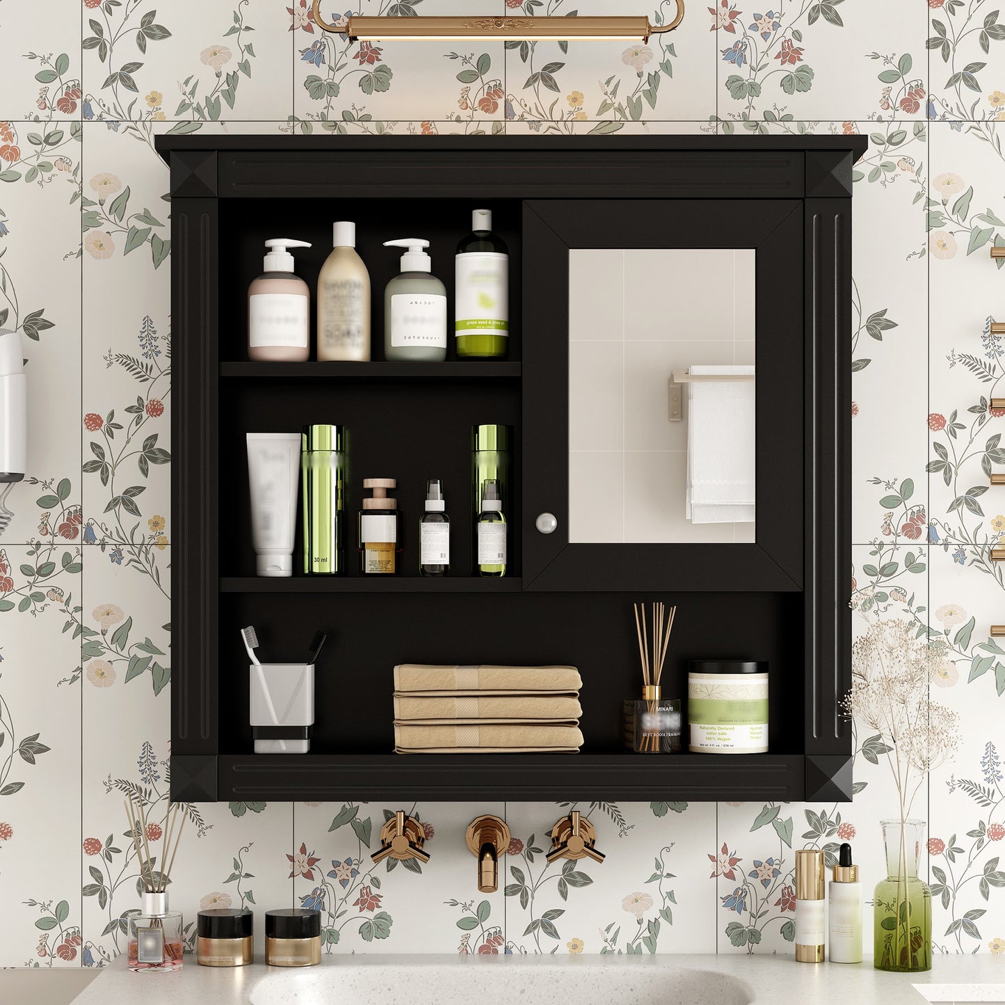 AAZJ Bathroom Wall Cabinet with Mirror 32-in x 28-in Fog Free Surface Mount Black Mirrored Rectangle Medicine Cabinet