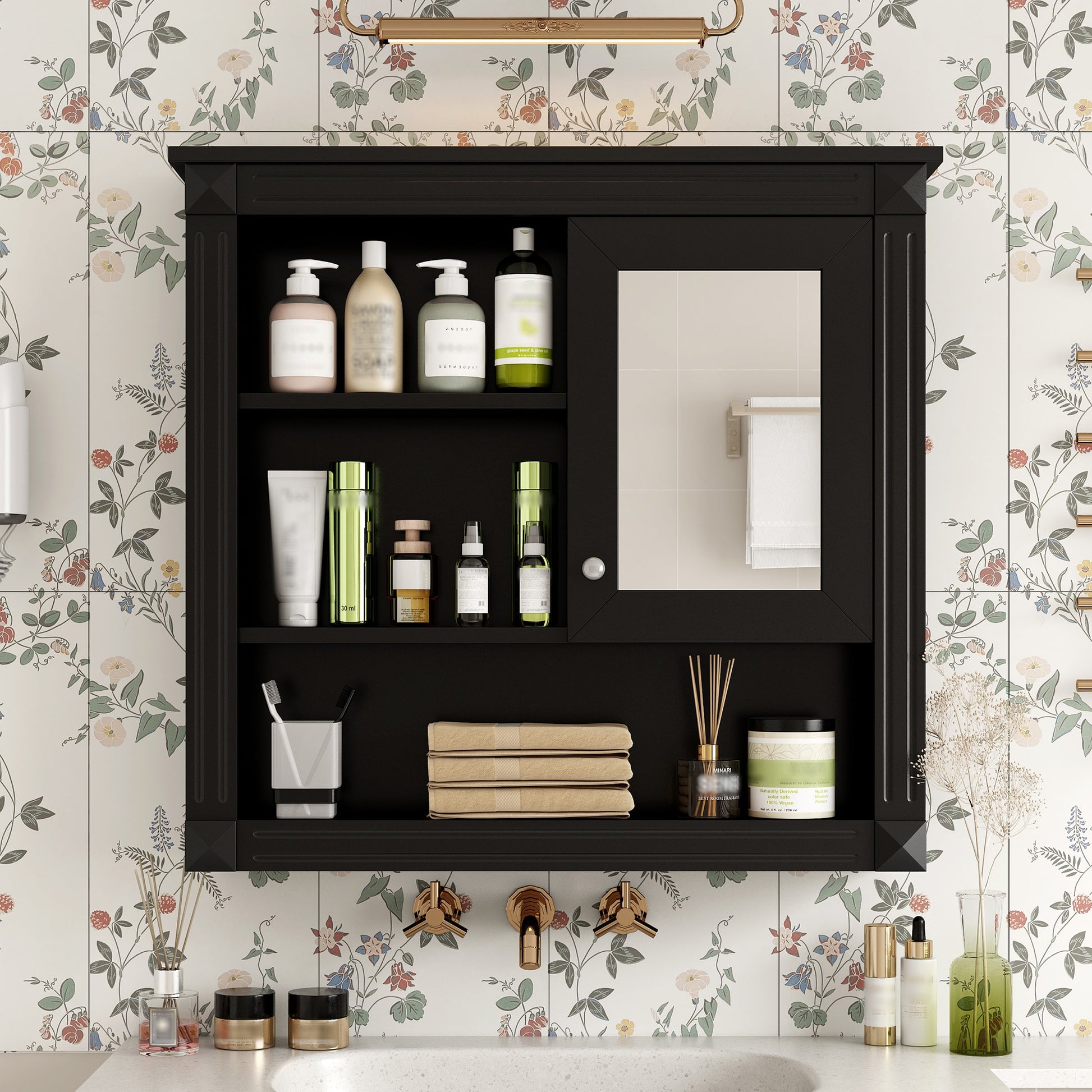 AAZJ Bathroom Wall Cabinet with Mirror 32-in x 28-in Fog Free Surface Mount Black Mirrored Rectangle Medicine Cabinet