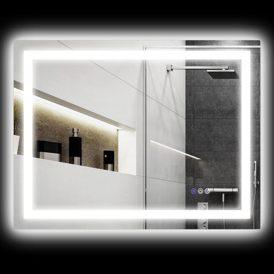 AAZJ Bathroom Mirrors 35-in x 28-in Beveled Frameless Rectangle Dimmable LED Lighted Fog Free Bathroom Vanity Mirror ( Clear )