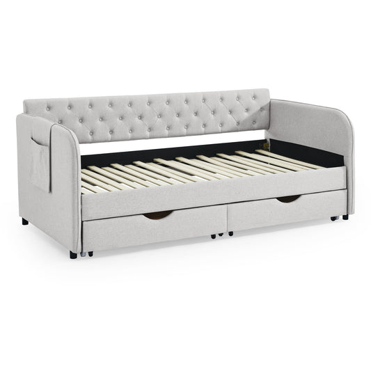 Bybafun Twin Beige Wood Tufted Bed Frame with Headboard