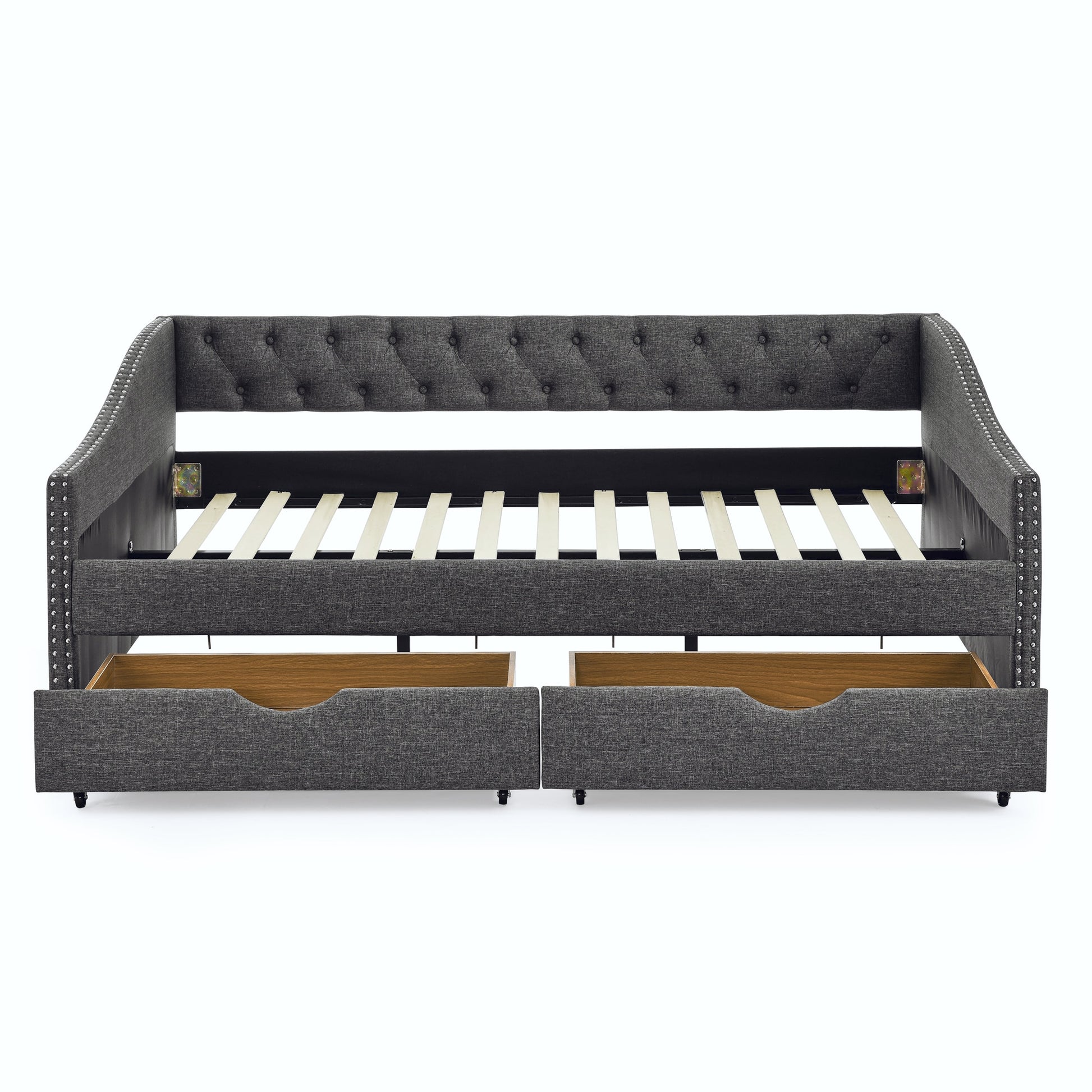Bybafun Full Dark Gray Wood Tufted Bed Frame with Headboard