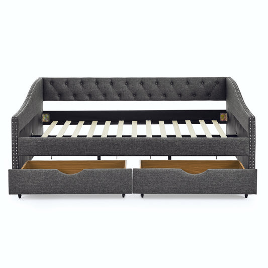 Bybafun Full Dark Gray Wood Tufted Bed Frame with Headboard