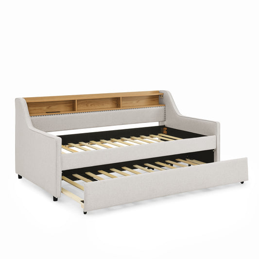 Bybafun Twin Beige Bed Frame with Headboard