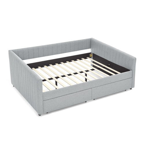 Bybafun Queen Gray Wood Tufted Bed Frame with Headboard