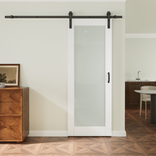 JUJUBON 30-in x 80-in White Square Frosted glass MDF Solid core Single Barn Door (Hardware Included)