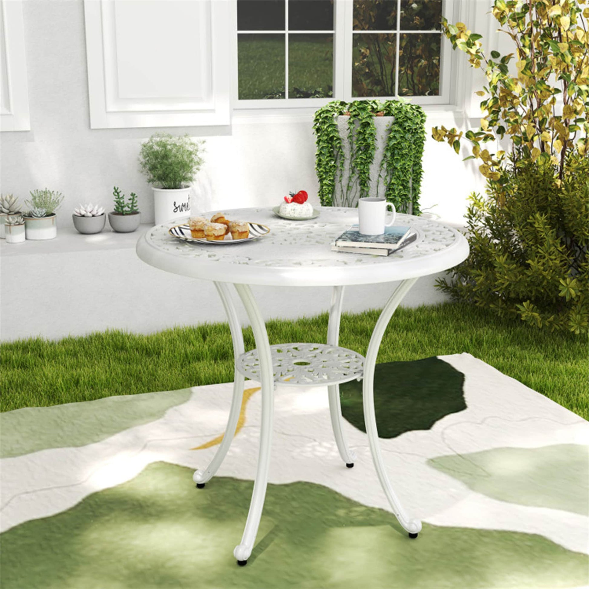 BABOOM Cast Aluminum Patio Table Round Outdoor Dining Table 31.5-in W x 31.5-in L with Umbrella Hole