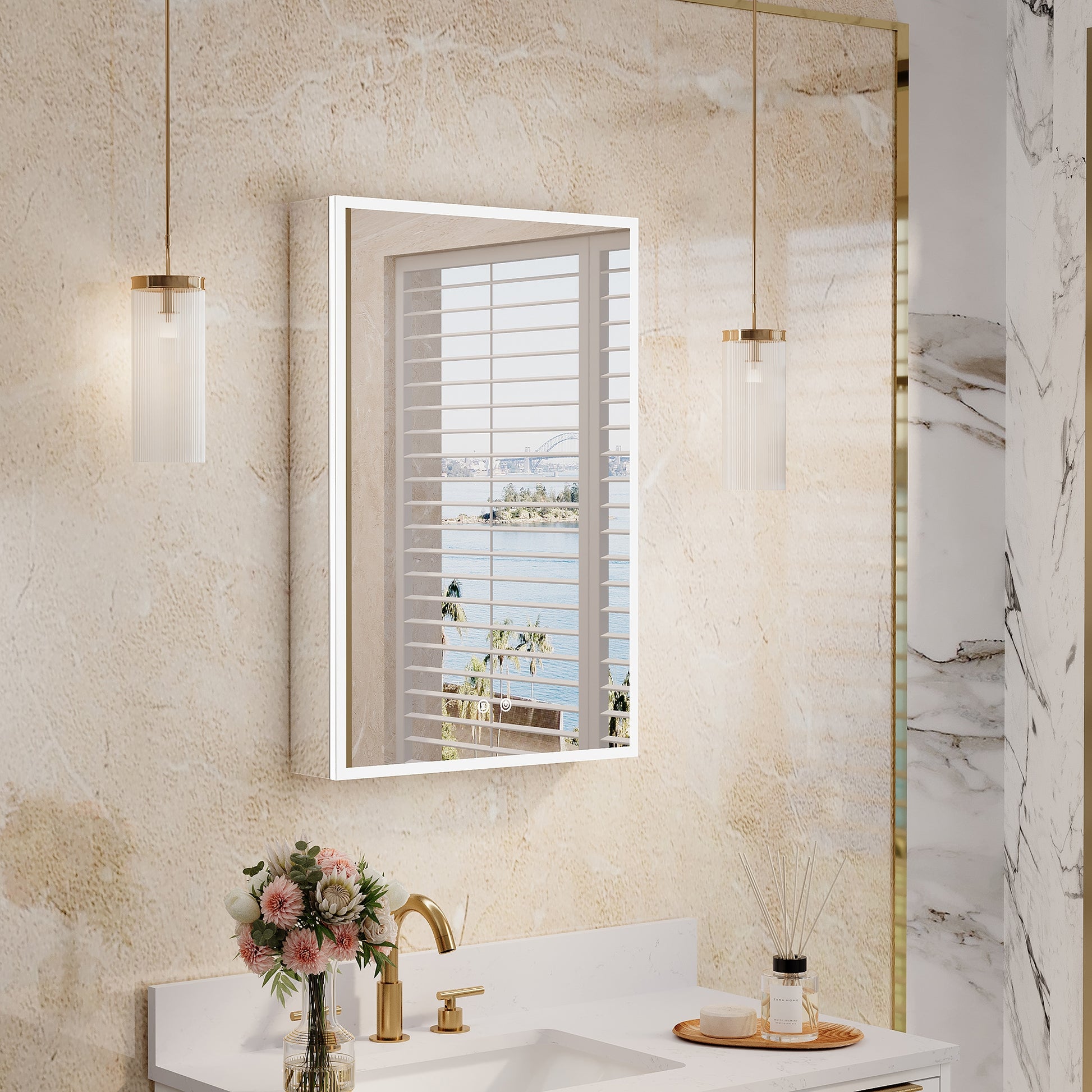 CALVON B8 20-in x 30-in Lighted LED Fog Free Surface/Recessed Mount Silver Mirrored Rectangle Soft Close Medicine Cabinet with Outlet