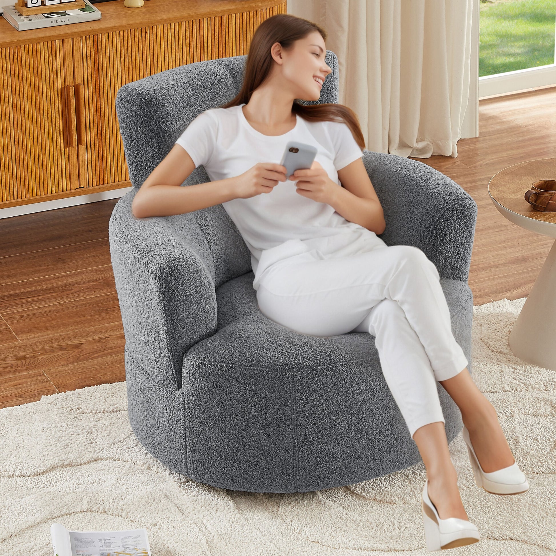 ModernLuxe 360Â¬âˆž Swivel Chair Upholstered Accent Barrel Chair Swivel Round Sofa Chair with Adjustable Headrest for Living Room Bedroom Office and Hotel Grey