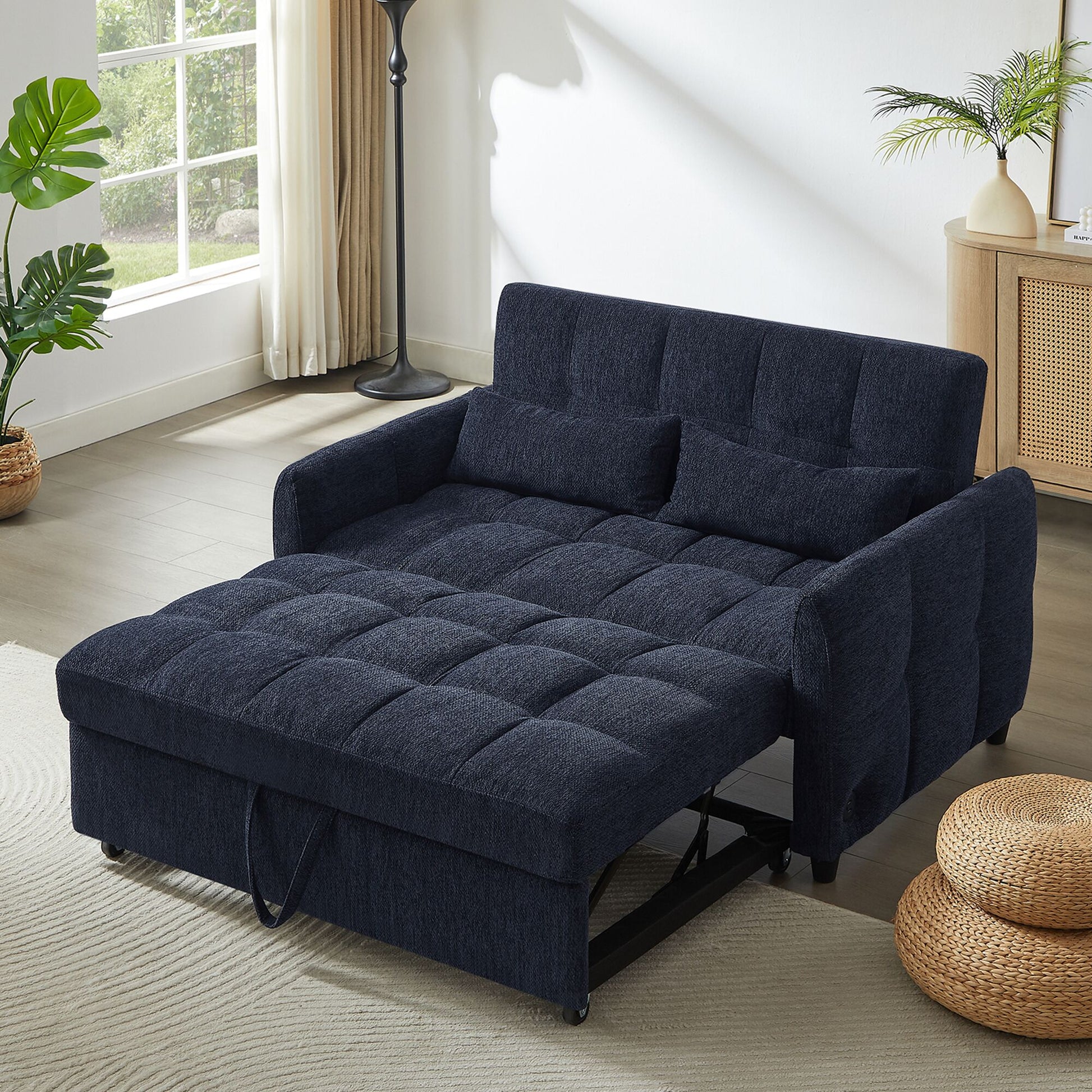 ModernLuxe 52.8inch Loveseat Sofa Pullout Sofa Bed Tufted Sleeper Sofa with an Adjustable Backrest Three USB Ports and Two Lumbar Pillows for Living Room Blue