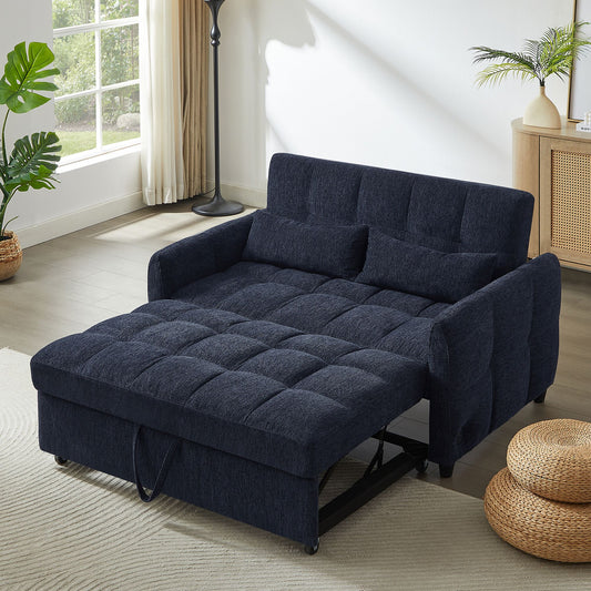 ModernLuxe 52.8inch Loveseat Sofa Pullout Sofa Bed Tufted Sleeper Sofa with an Adjustable Backrest Three USB Ports and Two Lumbar Pillows for Living Room Blue