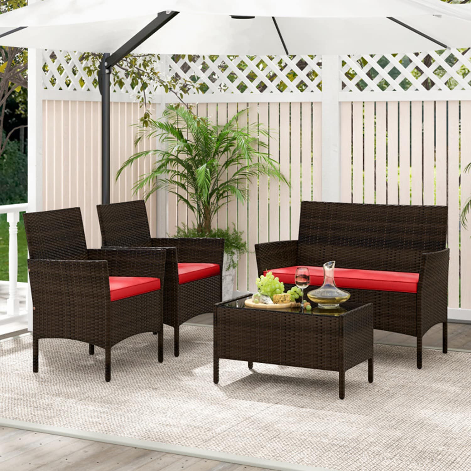 Mondawe 4 -Piece Rattan Patio Conversation Set with Green Cushions