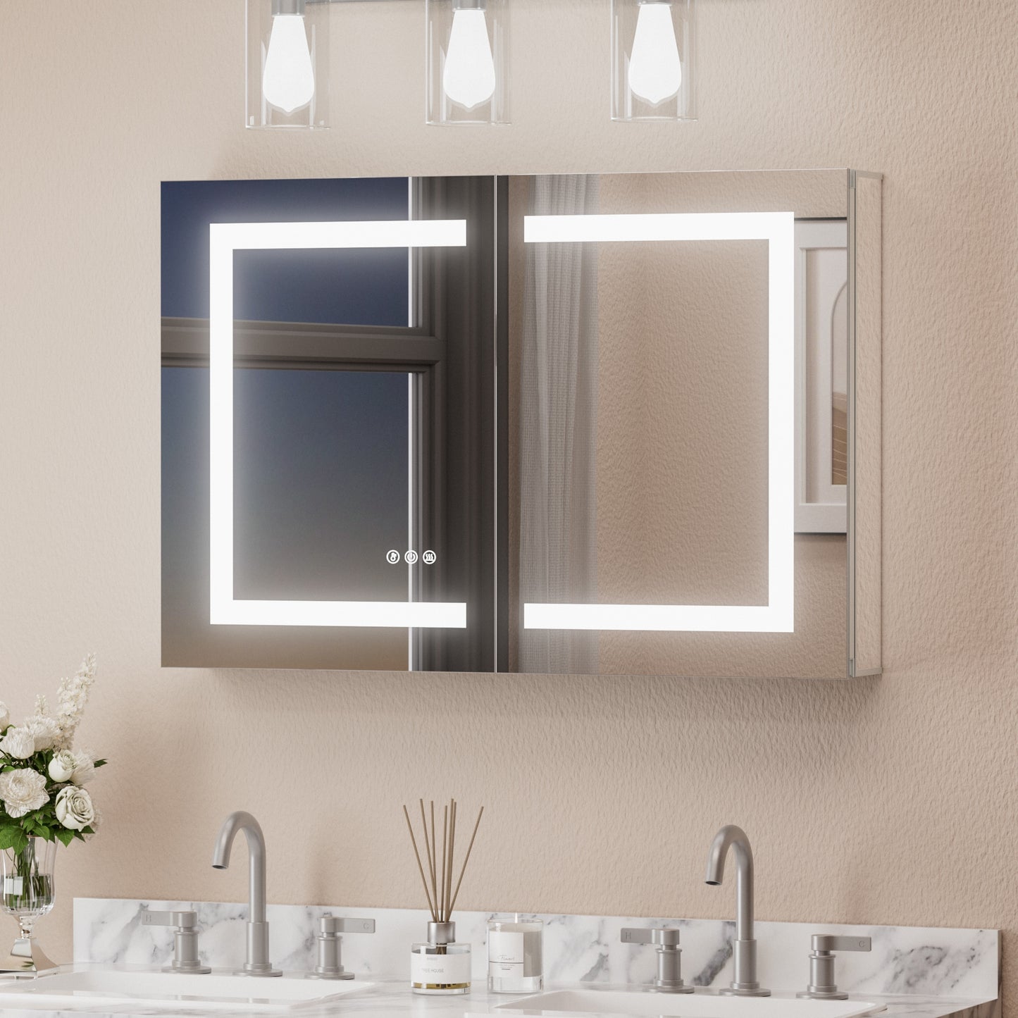 Keonjinn Led Medicine Cabinet Mirrors 36-in x 24-in Lighted LED Fog Free Surface/Recessed Mount Silver Mirrored Rectangle Soft Close Medicine Cabinet with Outlet