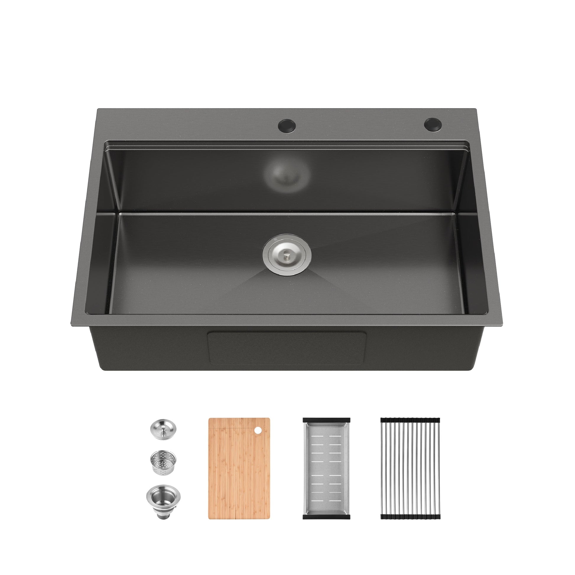 Tatayosi Stainless Steel Kitchen Sink 33x22 Inches Single Bowl Overmount Handmade Sink in Black with Cutting Board Colander