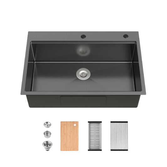 Tatayosi Stainless Steel Kitchen Sink 33x22 Inches Single Bowl Overmount Handmade Sink in Black with Cutting Board Colander