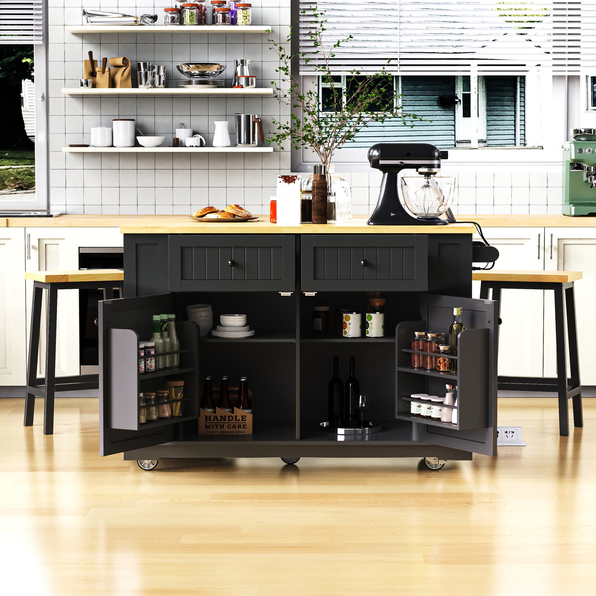 Runesay Black MDF Base with MDF Wood Top Rolling Kitchen Island ( 17.7-in x 44.9-in x 36.75-in )