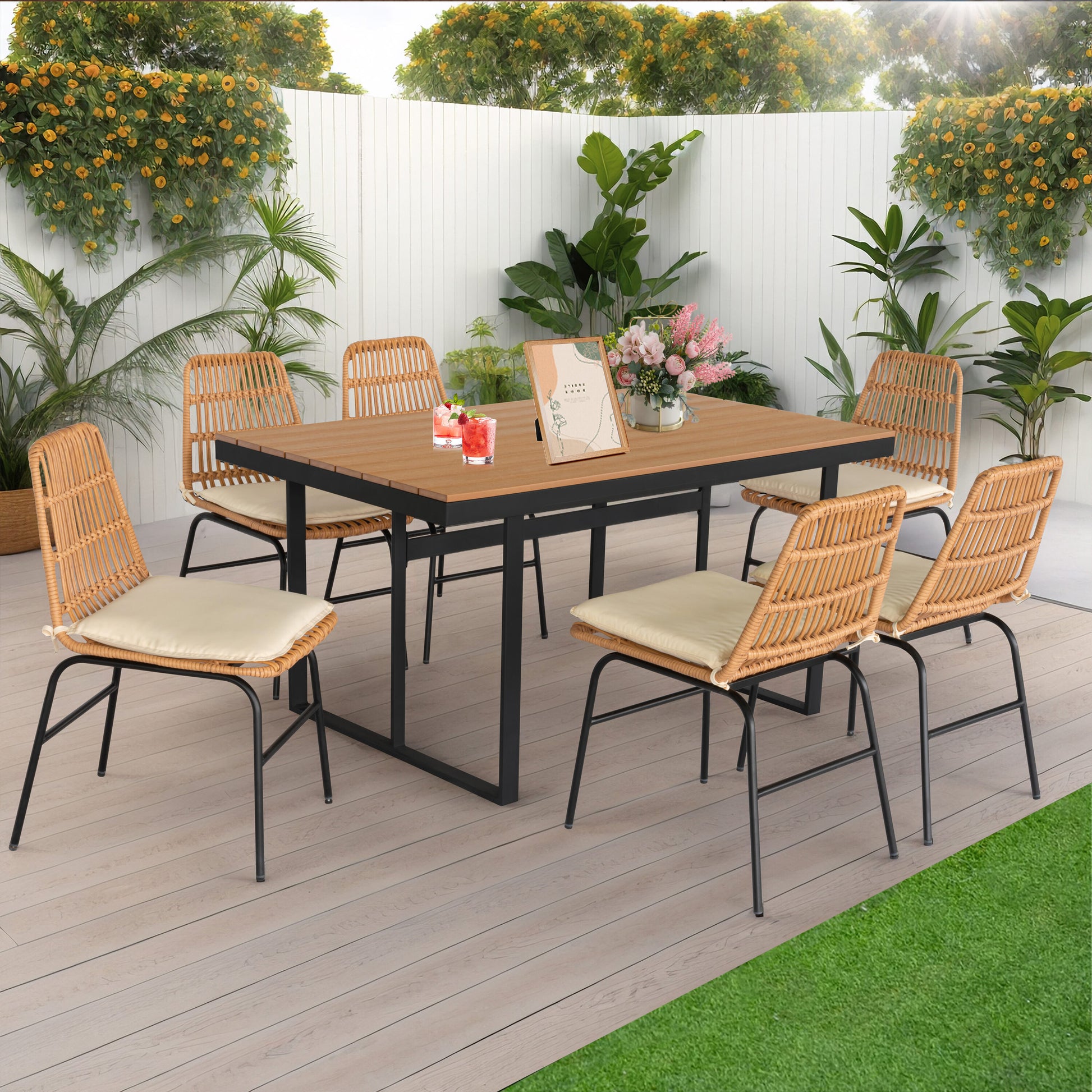 Grearden 7 -Piece Beige Wicker Patio Dining Set Rattan Rectangle Table with 6 Off-white Cushions Stationary Chairs
