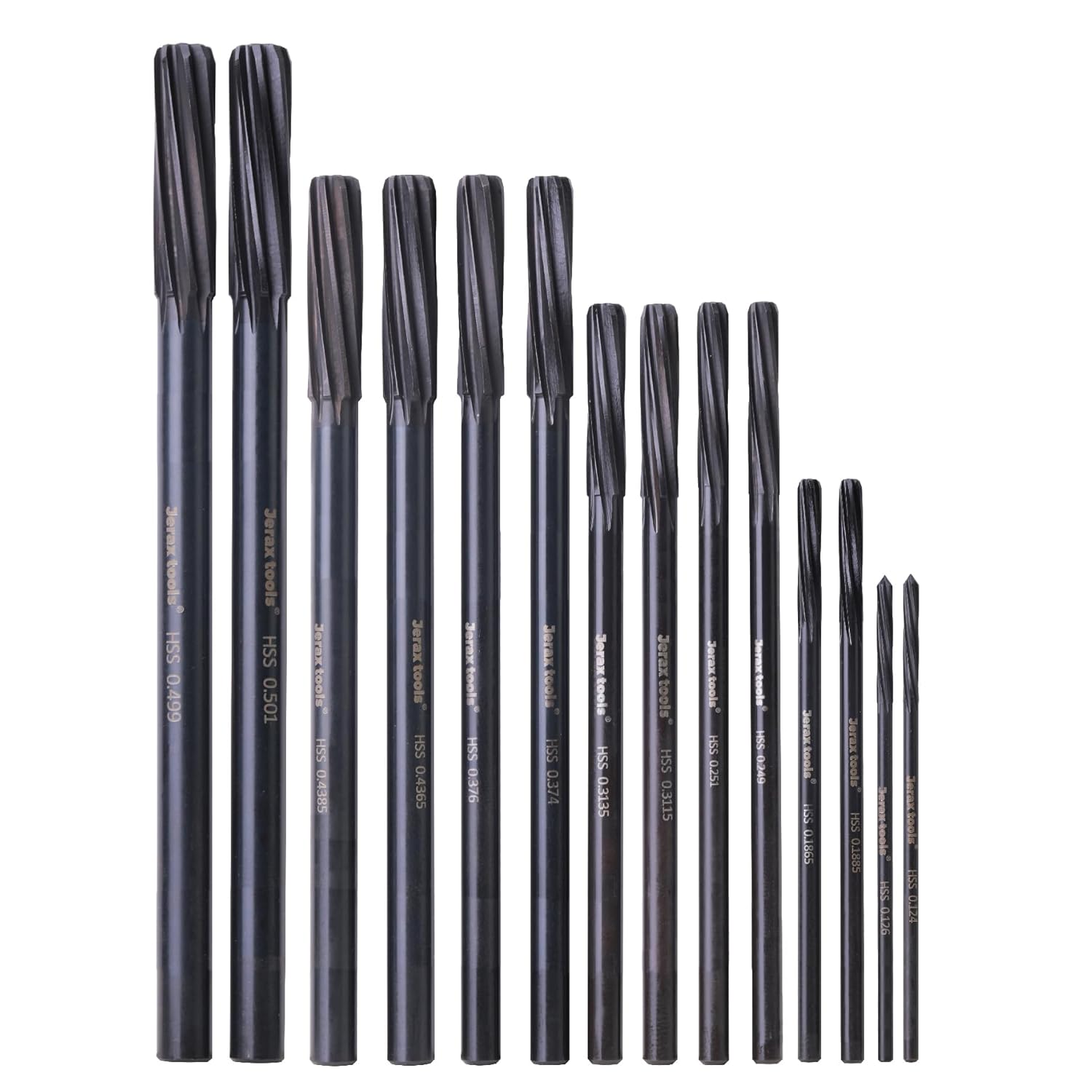 Jerax tools M2 High Speed Steel Premium Chucking Reamer Set, 14 pcs Over and Under Sizes 0.1240'' Thru 0.5010'', Spiral Flute, Enlarge, Smoothing and Finishing Holes