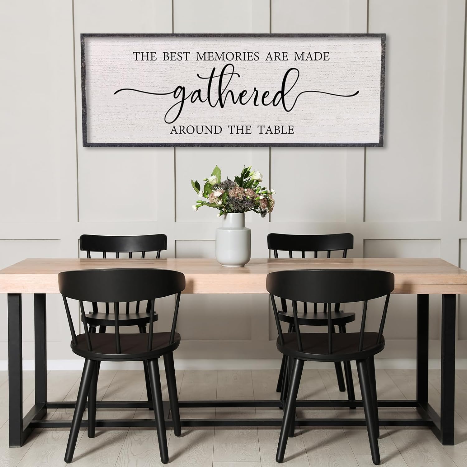 LuZhiQiang The Best Memories Are Made Gathered Around The Table Sign Wall Art Decor 40 x 15 Inch Dining Room Large Rustic Farmhouse Wood Framed Kitchen Home Wall Hanging Decoration (Black)