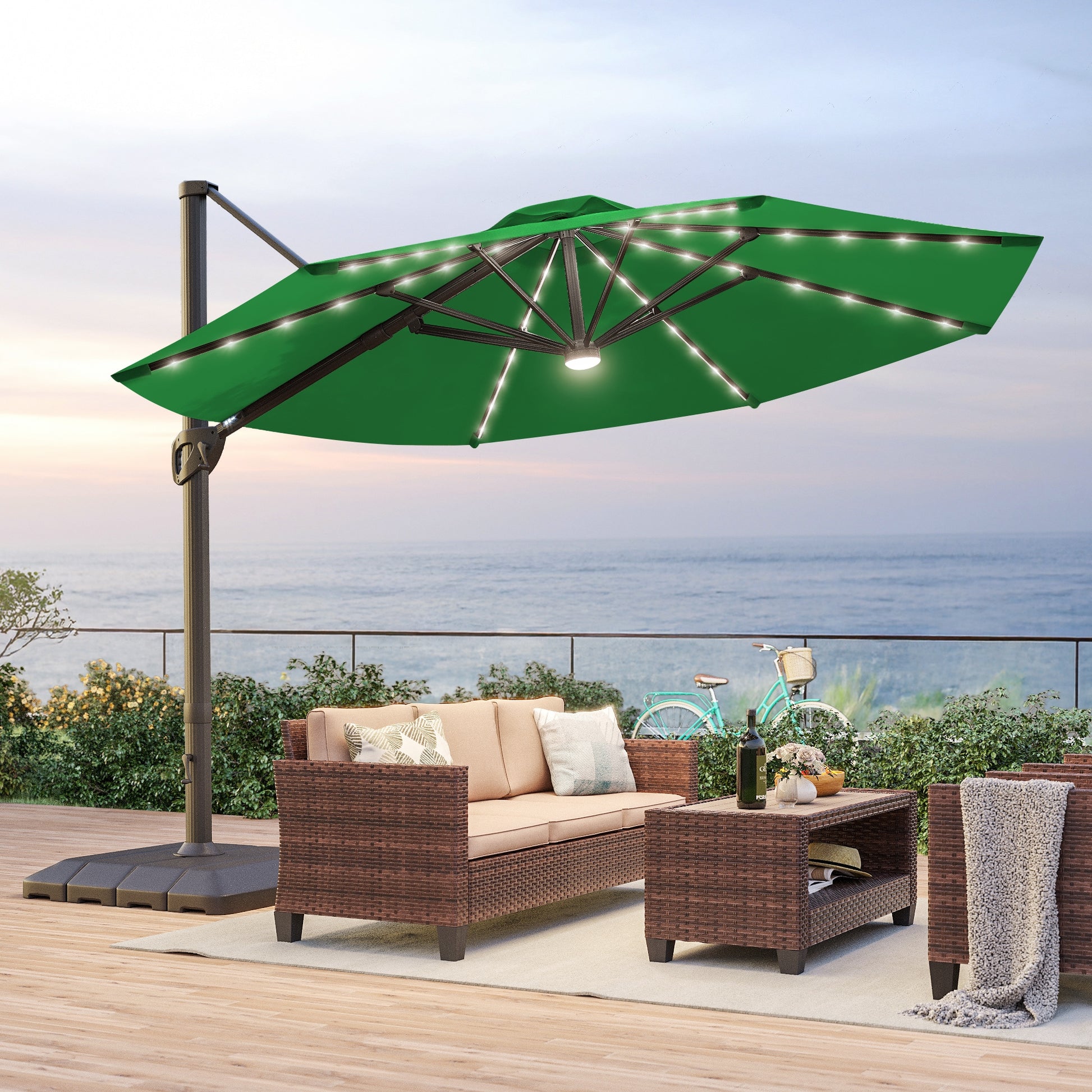 ACEGOSES 11-ft Aluminum Green No-tilt Cantilever Patio Umbrella with Lights with Base