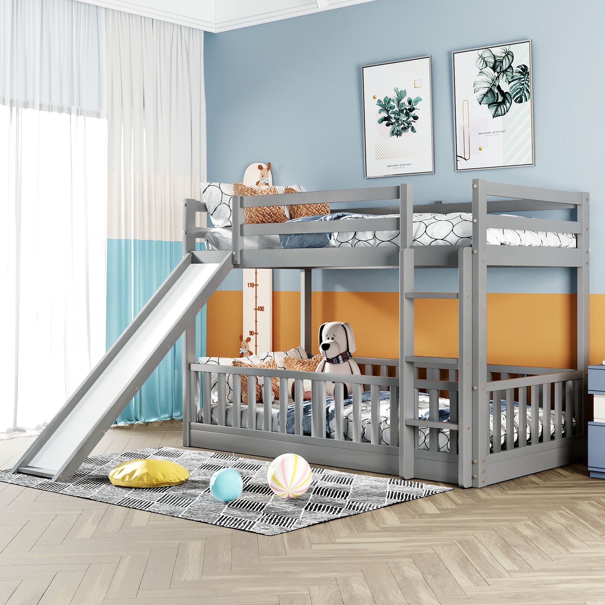 ModernLuxe Twin Over Twin Bunk Bed with Slide and Ladder Gray