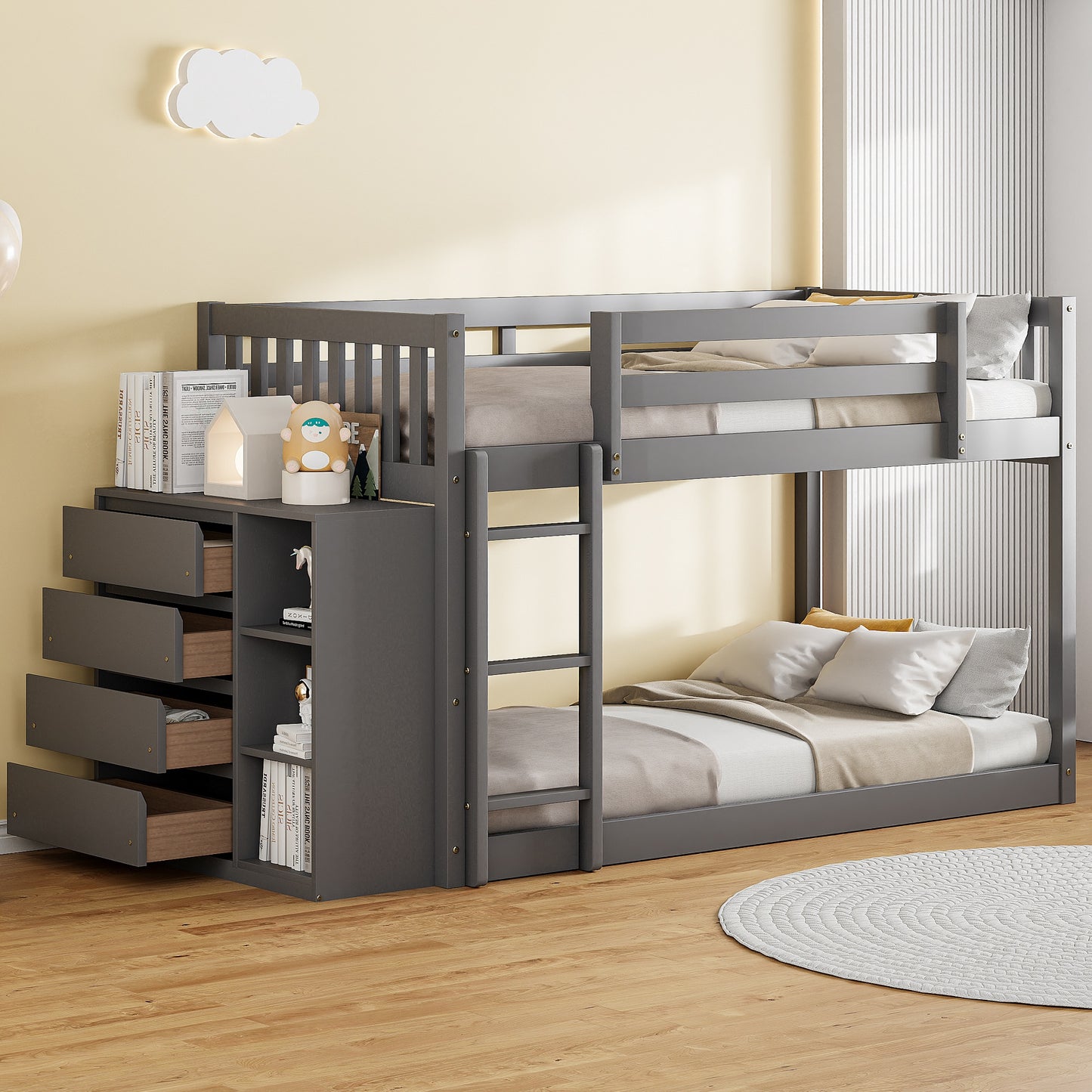 ModernLuxe Twin over Twin Bunk Bed with 4 Drawers and 3 ShelvesGray