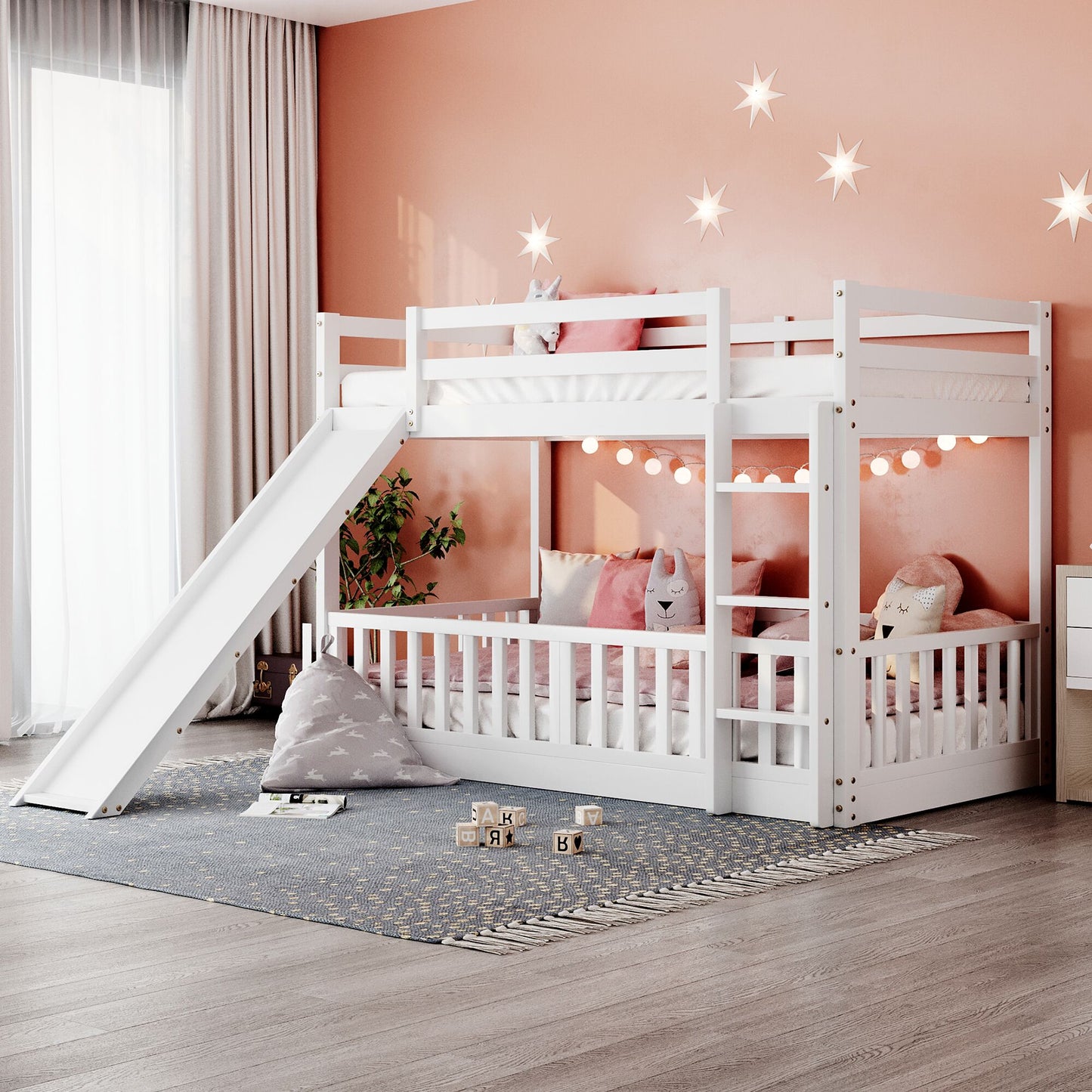 ModernLuxe Twin Over Twin Bunk Bed with Slide and Ladder White