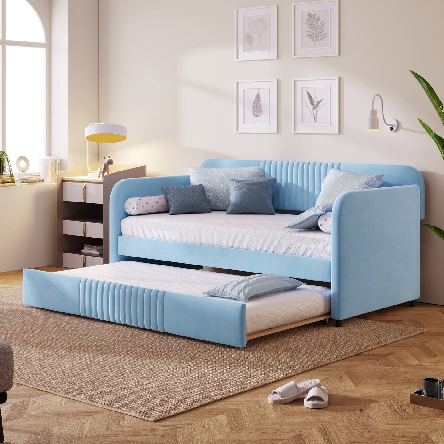 ModernLuxe Upholstered Daybed Sofa Bed Twin Size With Trundle Bed and Wood Slat Light Blue