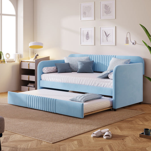 ModernLuxe Upholstered Daybed Sofa Bed Twin Size With Trundle Bed and Wood Slat Light Blue