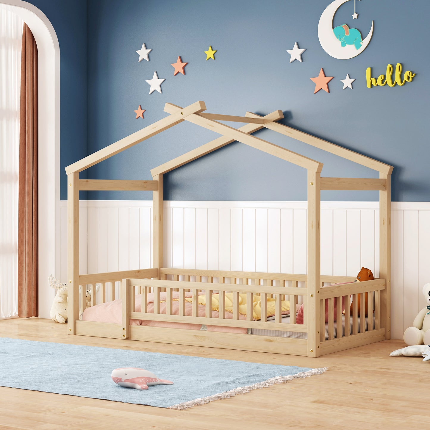 ModernLuxe Twin Size Wood Bed House Bed Frame with Fence for Kids Teens Girls BoysNatural