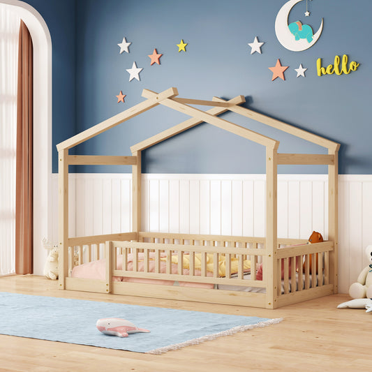 ModernLuxe Twin Size Wood Bed House Bed Frame with Fence for Kids Teens Girls BoysNatural