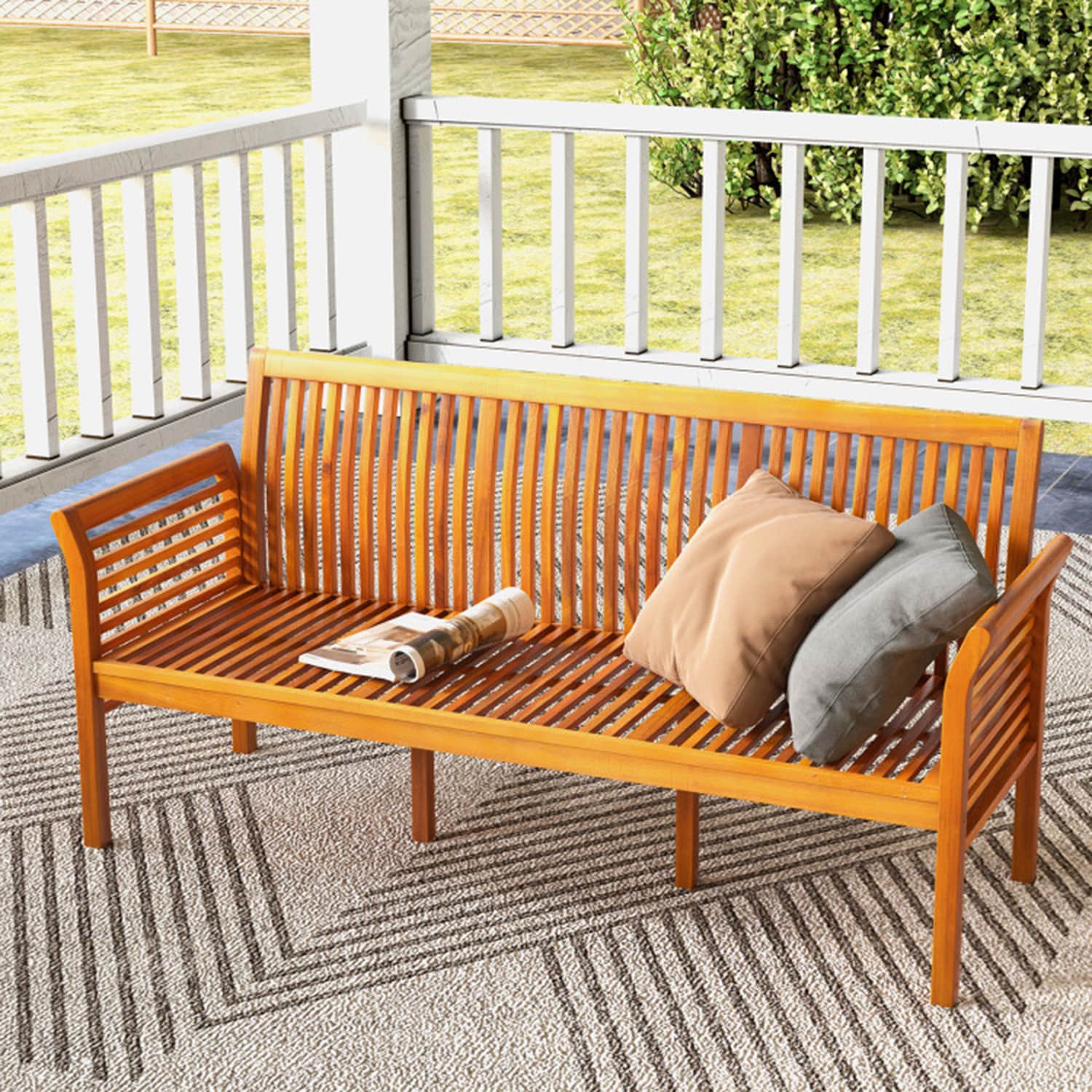 Mondawe 62.5 Inches Patio 3-Seat Wood Bench with Soft Seat Cushions 62.5-in W x 30.5-in H Brown Acacia Love seat Bench