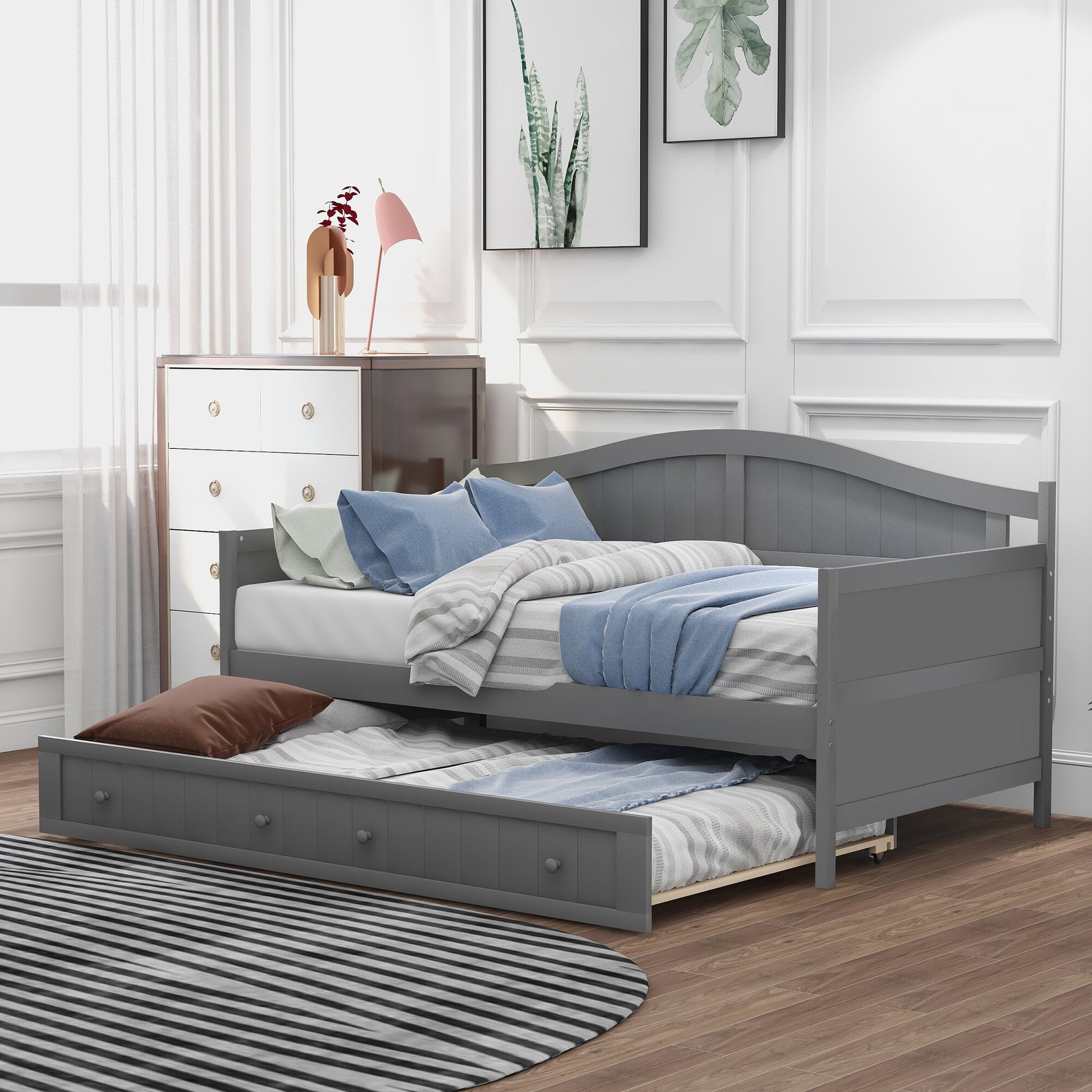 ModernLuxe Twin Wooden Daybed with Trundle Bed Sofa Bed for Bedroom Living Room Gray