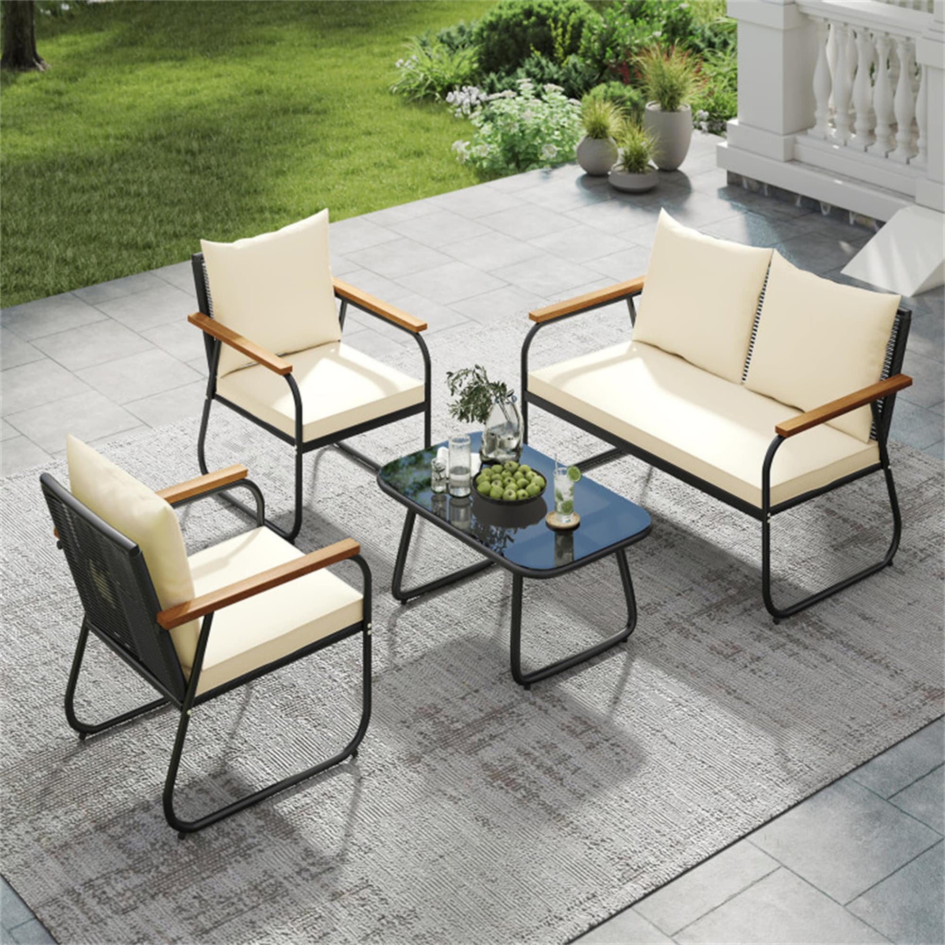 BABOOM Patio Furniture Set 4 -Piece Rattan Patio Conversation Set with Off-white Cushions