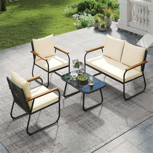 BABOOM Patio Furniture Set 4 -Piece Rattan Patio Conversation Set with Off-white Cushions