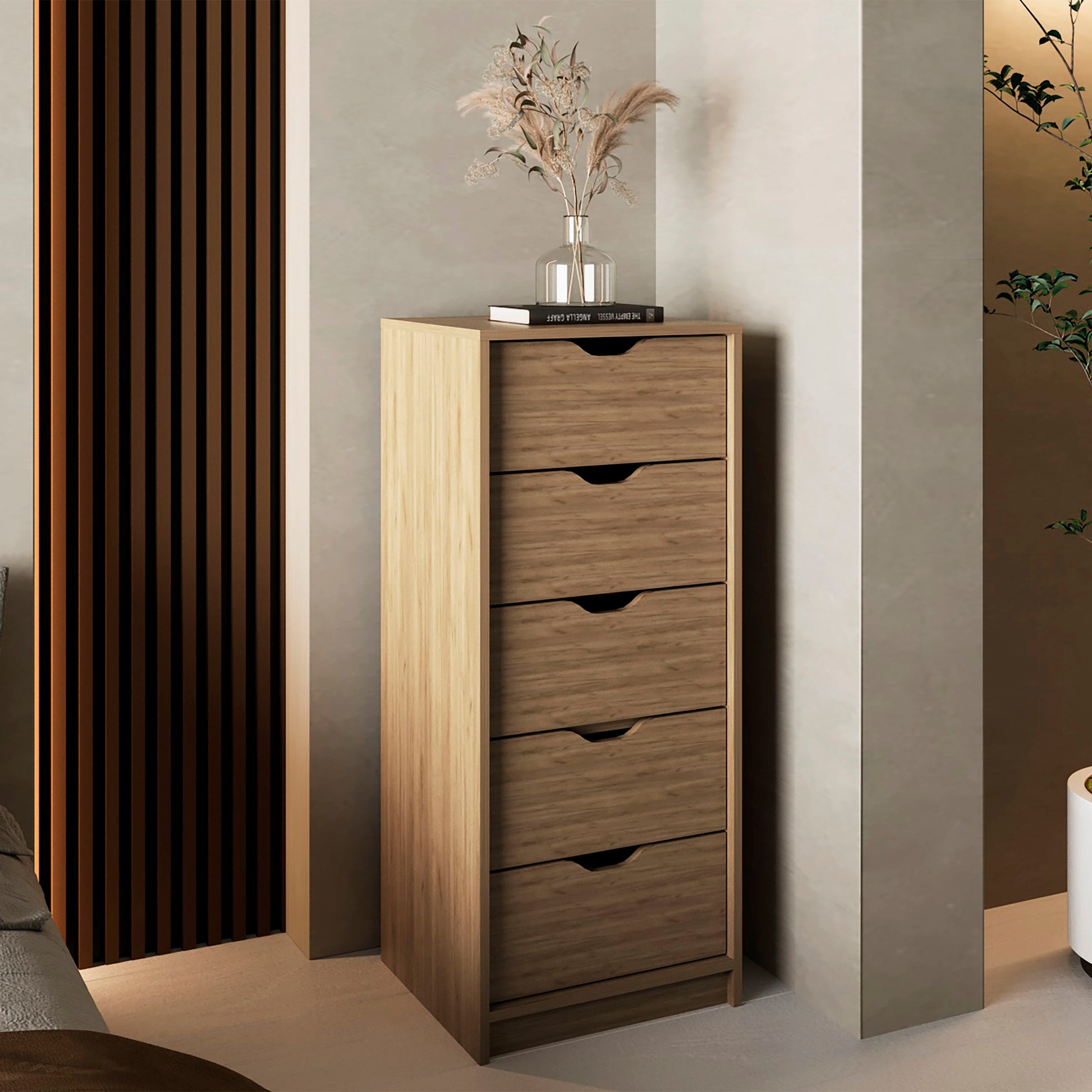 LOVMOR Basilea Tall Narrow Dresser Pull Out System Five Drawers Natural Oak