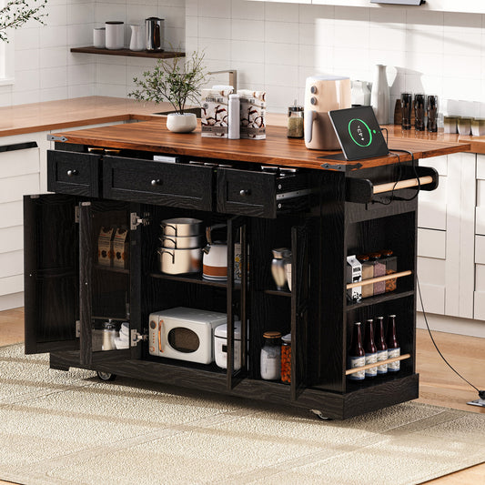 ModernLuxe 53inch Farmhouse Kitchen Island with Two Tempered Glass Cabinet Doors Power Outlet Rolling Kitchen Cart on Wheels with Drop Leaf 5 Open Side Racks 3 Drawers for Kitchen Dining Room Black
