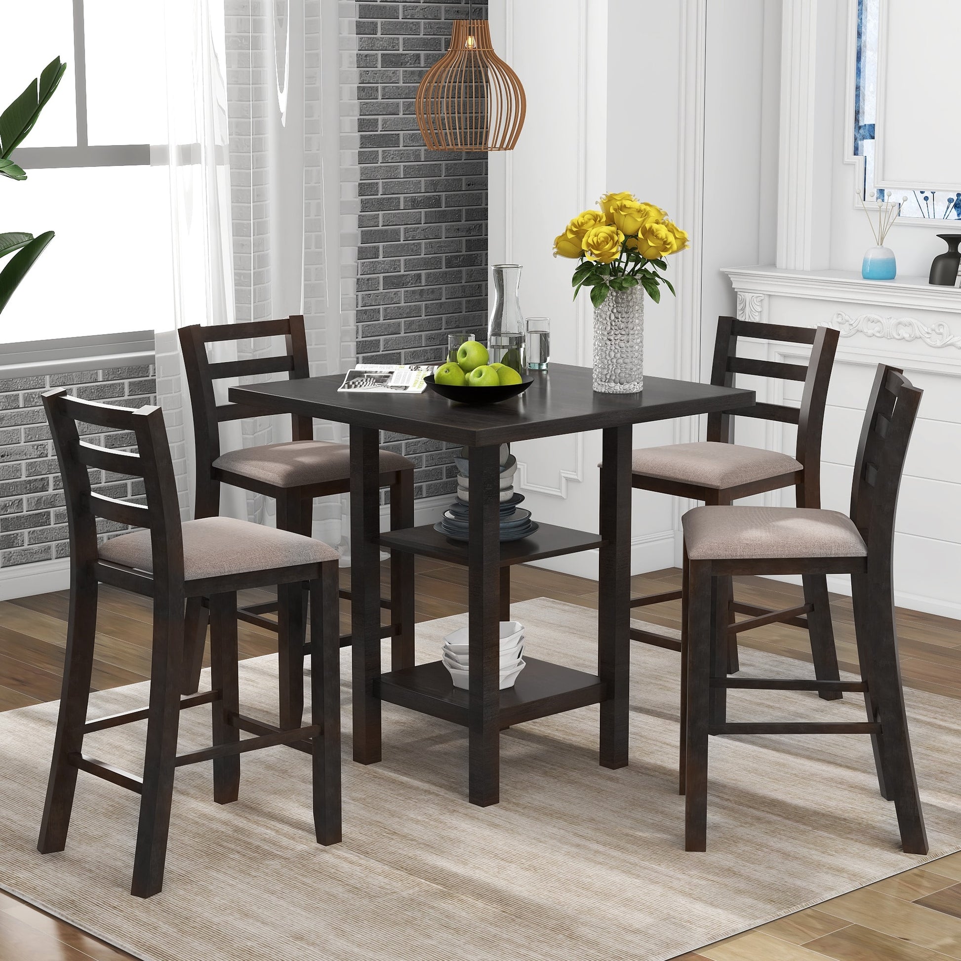 ModernLuxe 5Piece Wooden Counter Height Dining Set with Padded Chairs and Storage Shelving Espresso