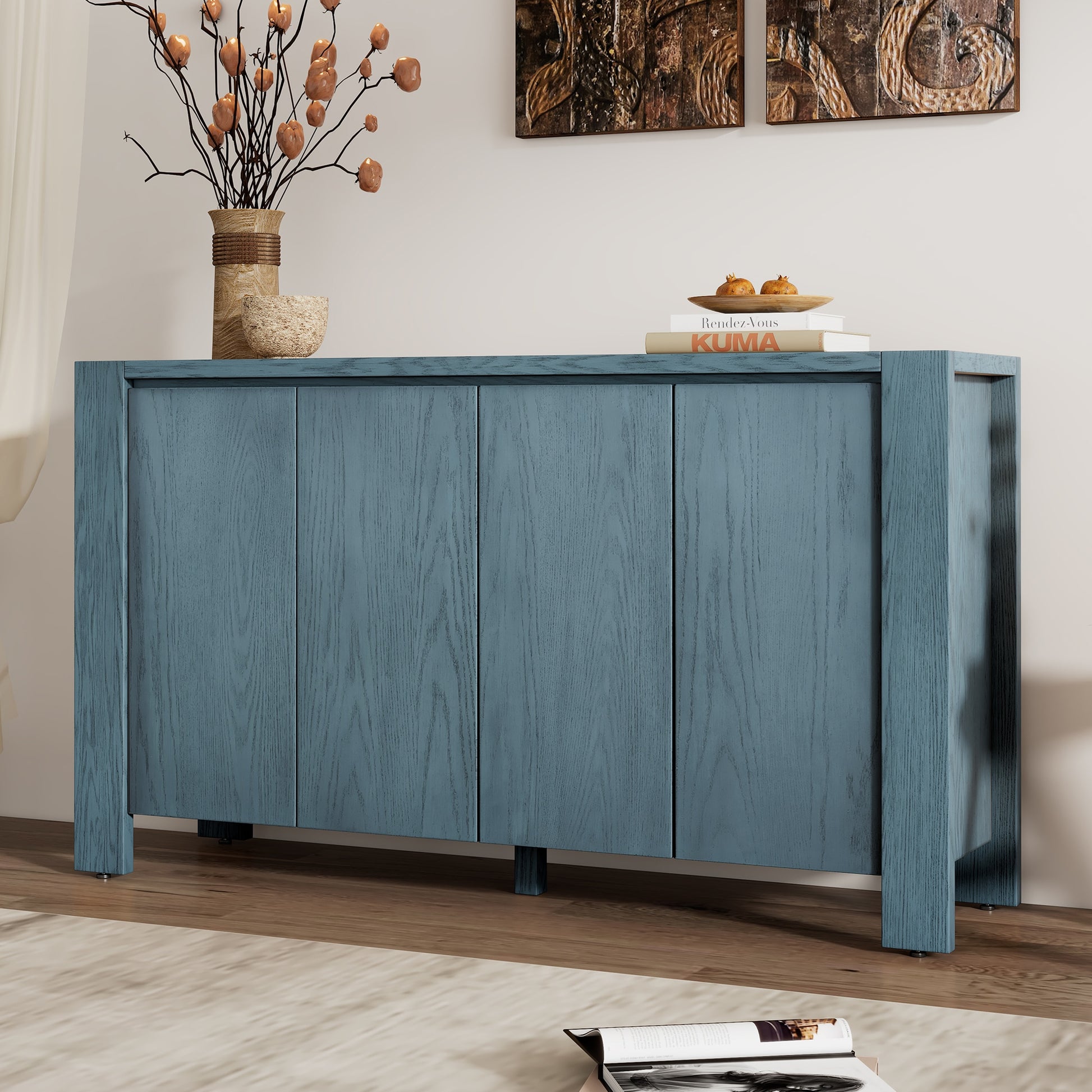 ModernLuxe Buffet Cabinet with Storage 4Door Retro Wood Sideboard with Distressed Finish and Adjustable Shelves for Dining Room Kitchen and Living Room Navy