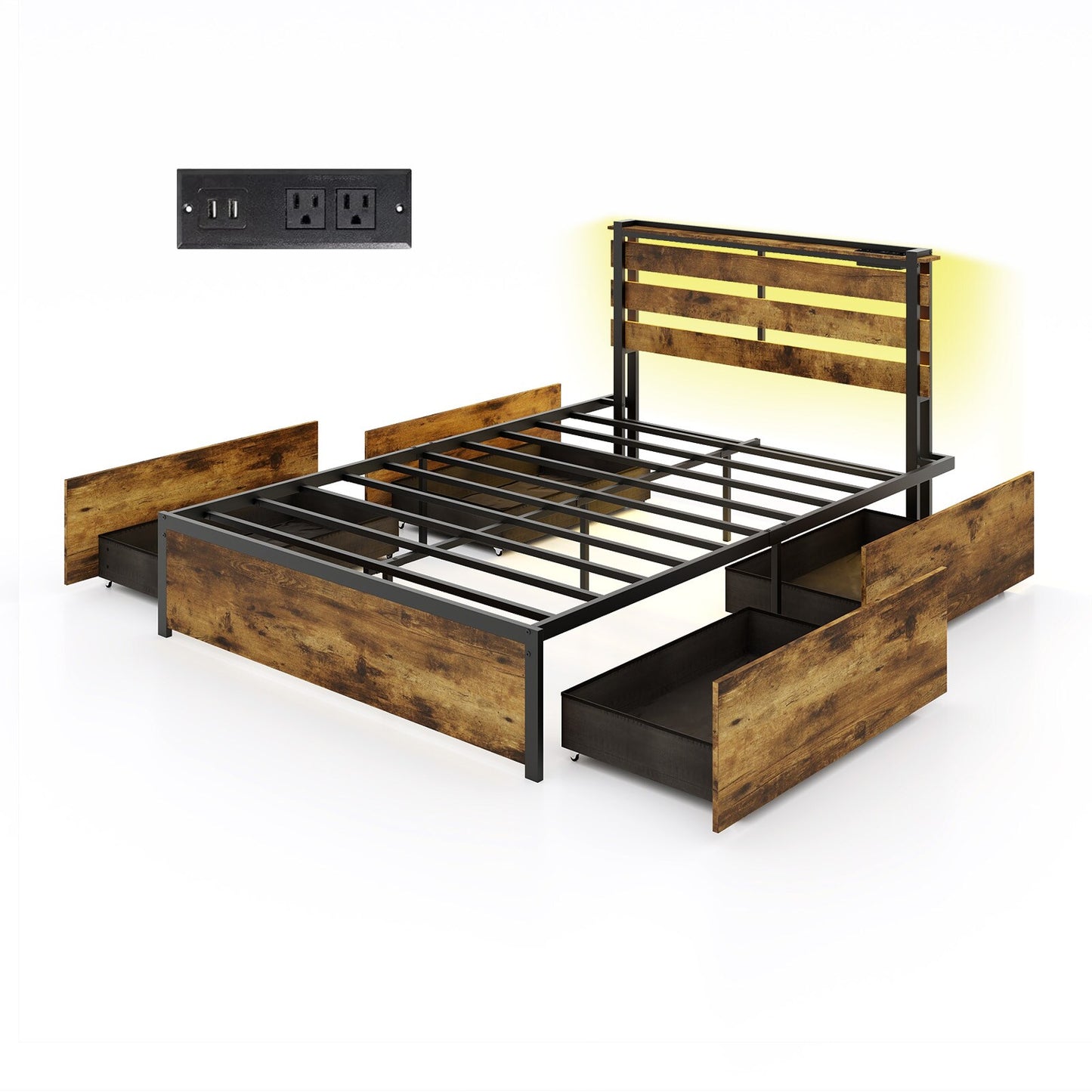 Iseryn Full Rustic Brown Metal Bed Frame Storage with Headboard